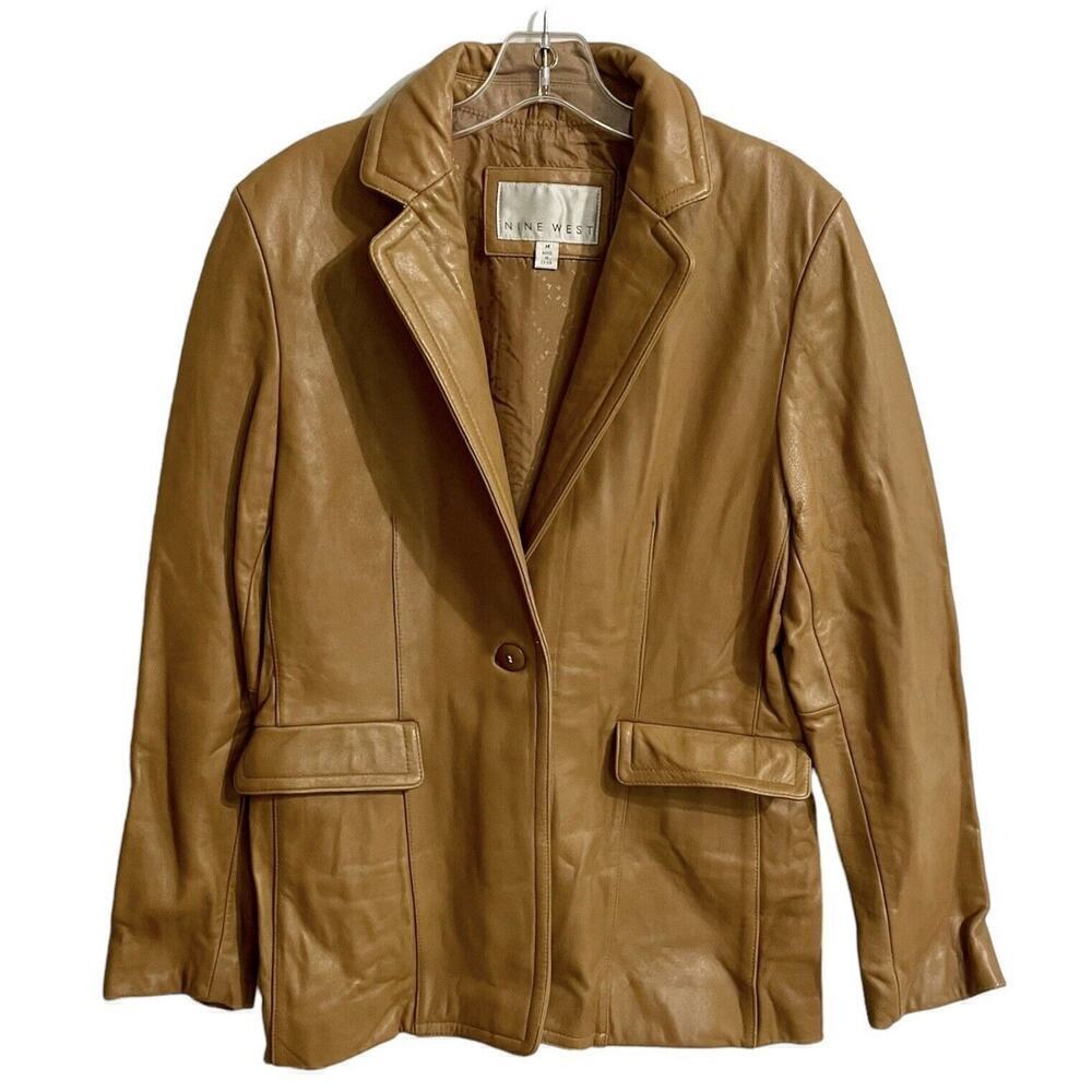 Vintage Nine West Leather Blazer Jacket Coat Size 14 Brown Lined Pockets…